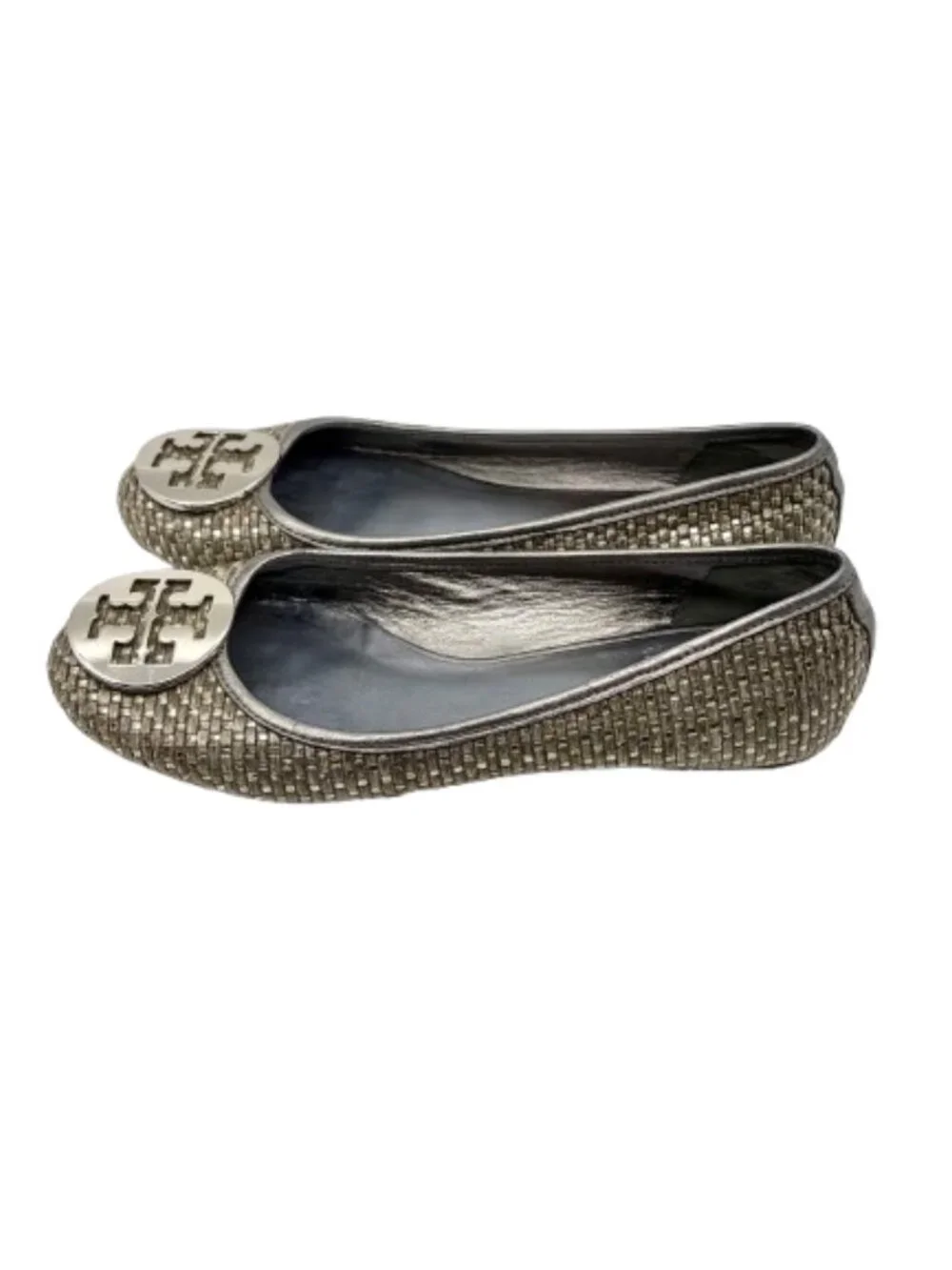 TORY BURCH~Reva Woven Metallic Ballet Flats~LEATHER SHOES in PEWTER & SILVER